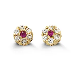 14K Yellow Gold Cluster Red Cubic Zirconia Baby Earrings