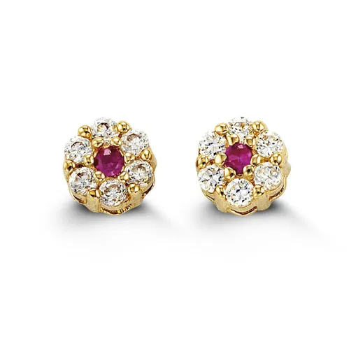 14K Yellow Gold Cluster Red Cubic Zirconia Baby Earrings