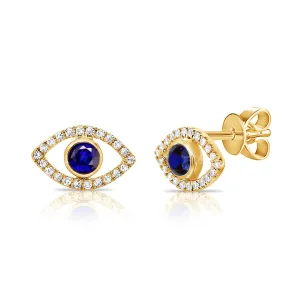 14K Yellow Gold Diamond   Sapphire Evil Eye Earrings