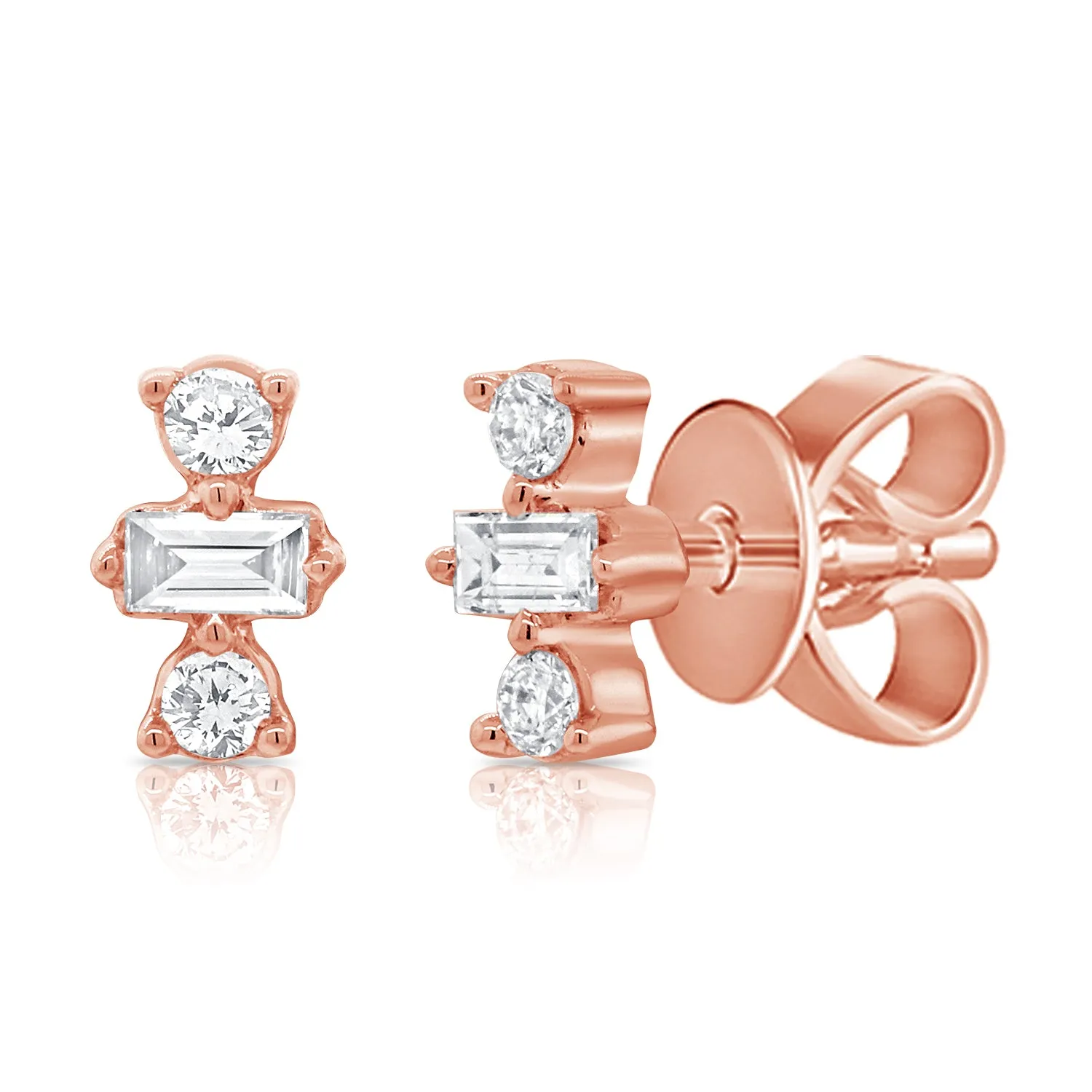 14K Yellow Gold Round Baguette Diamond Stud Earrings