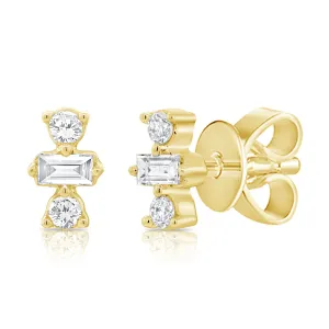 14K Yellow Gold Round Baguette Diamond Stud Earrings