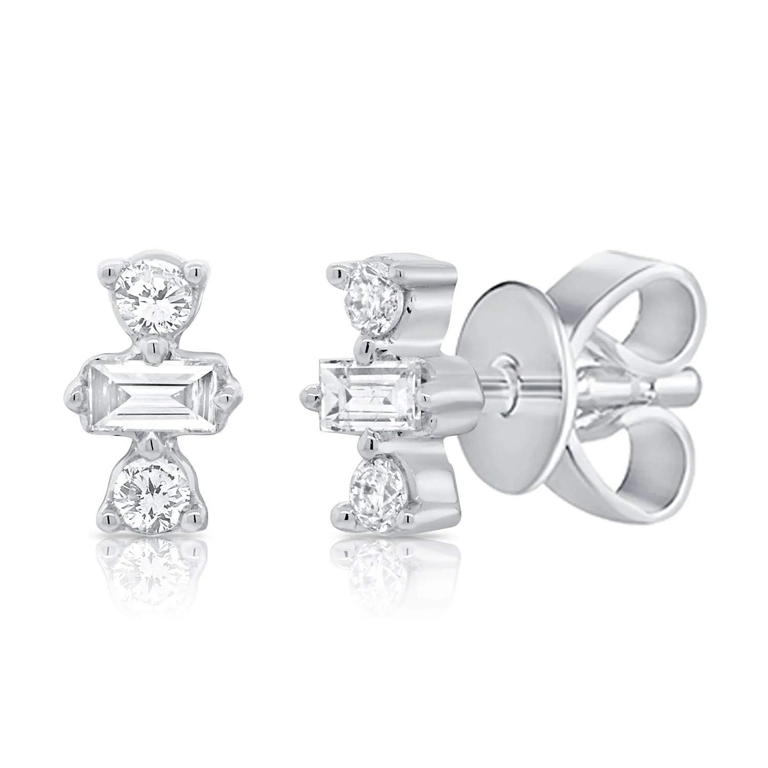 14K Yellow Gold Round Baguette Diamond Stud Earrings