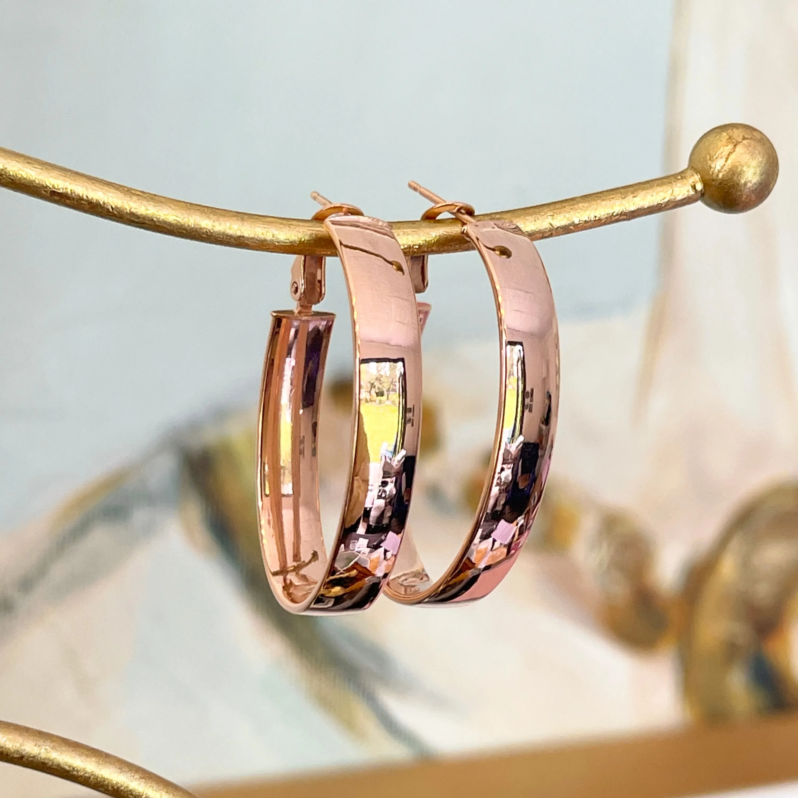 14KT Rose Gold 7mm Wide Oval Omega Hoop Earrings 39mm