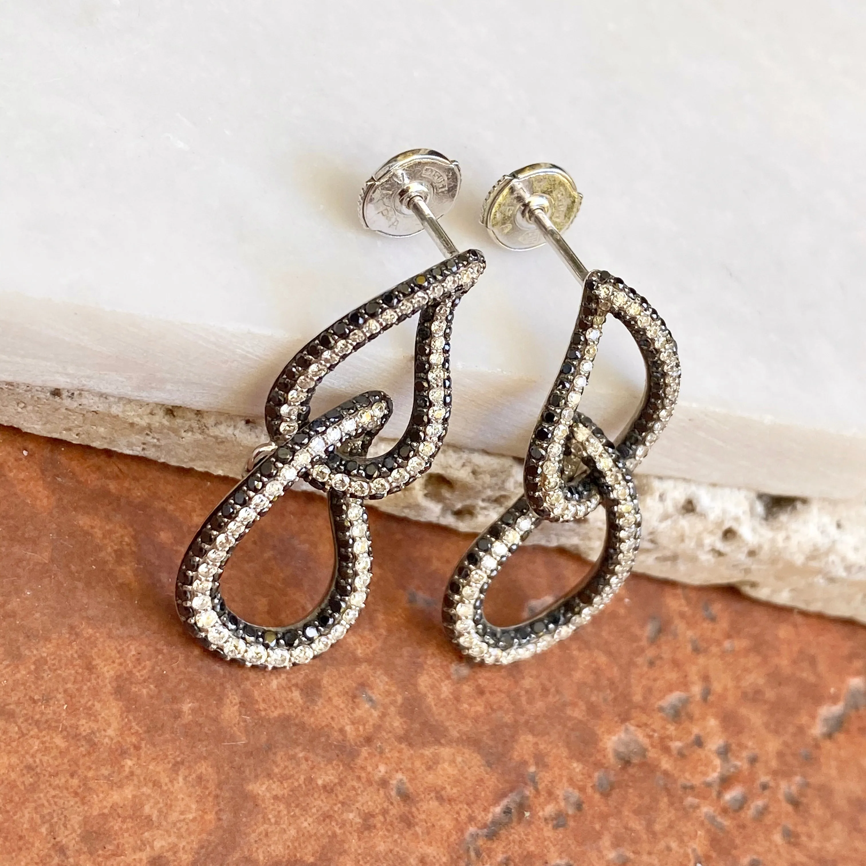 14KT White Gold Pave Black   White Diamonds Teardrop Earrings