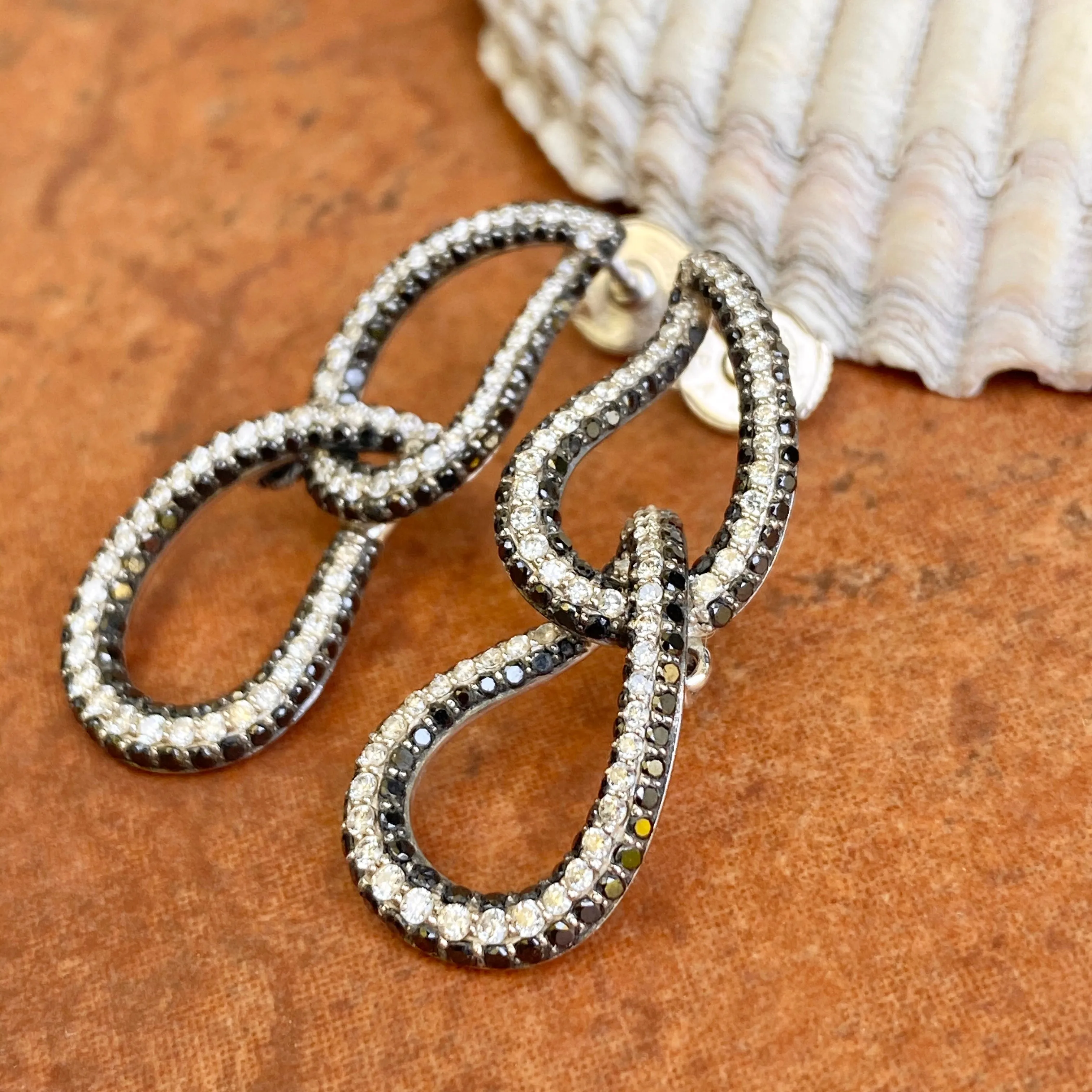14KT White Gold Pave Black   White Diamonds Teardrop Earrings