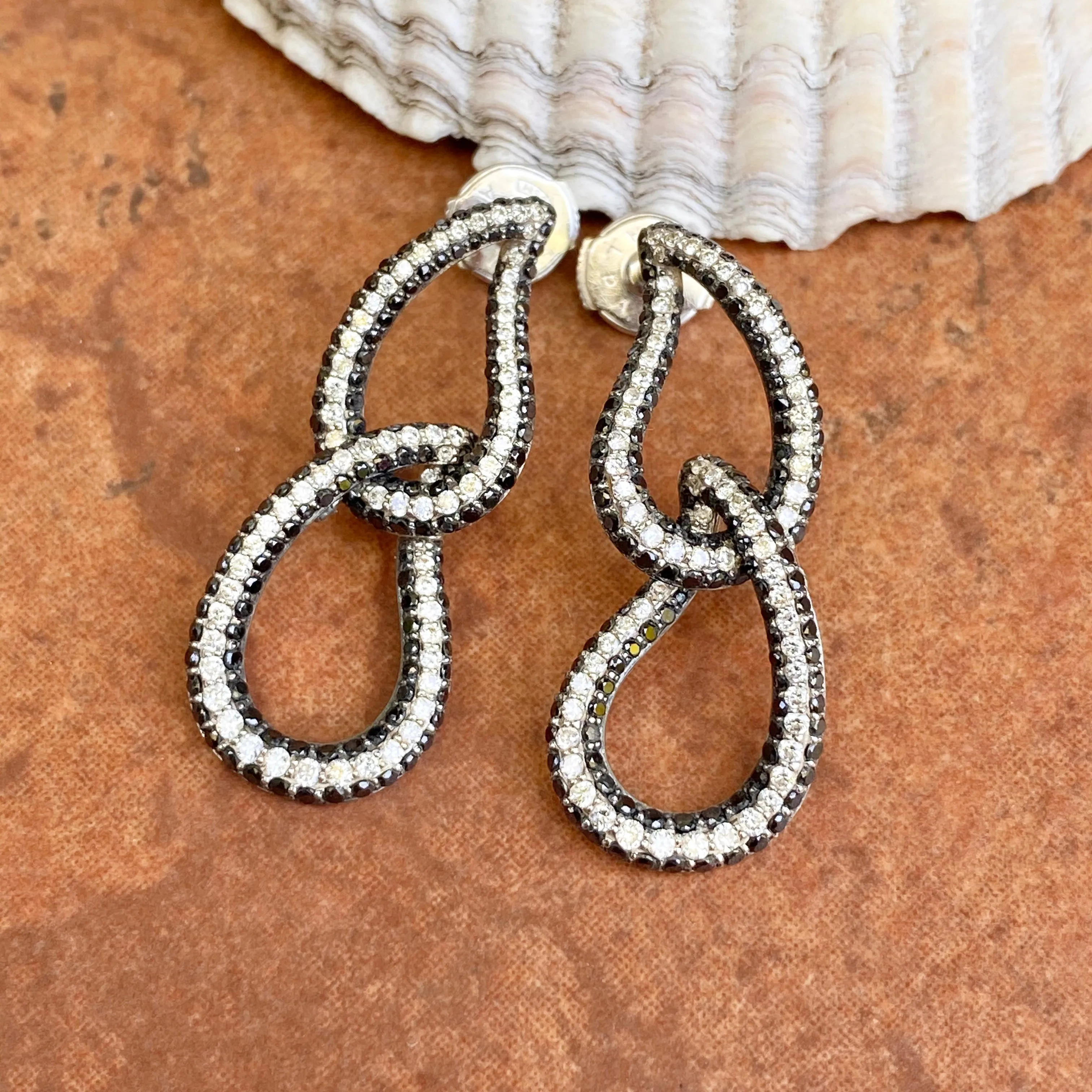 14KT White Gold Pave Black   White Diamonds Teardrop Earrings