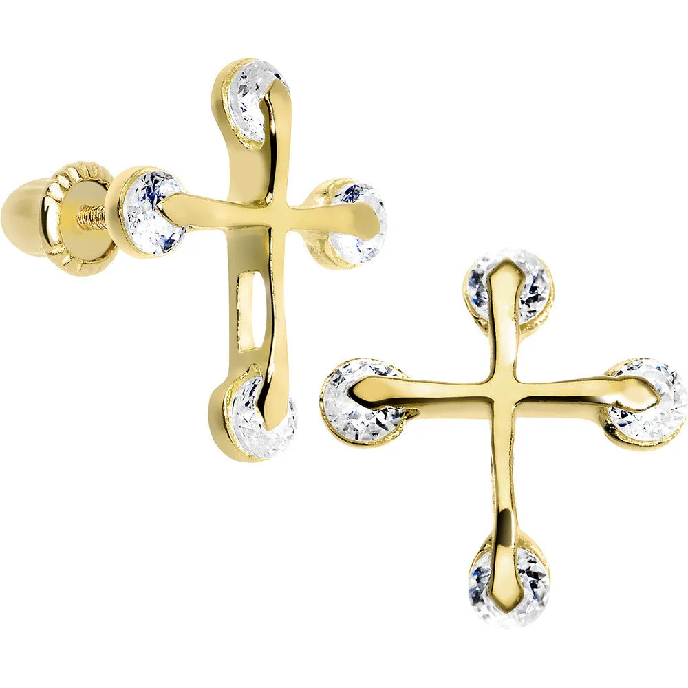 14KT Yellow Gold Clear CZ Thin Cross Youth Screwback Earrings