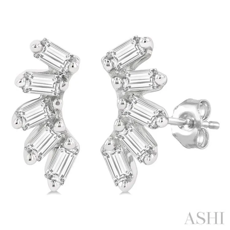 1/6 ctw Curved Petite Baguette Cut Diamond Fashion Stud Earring in 10K White Gold