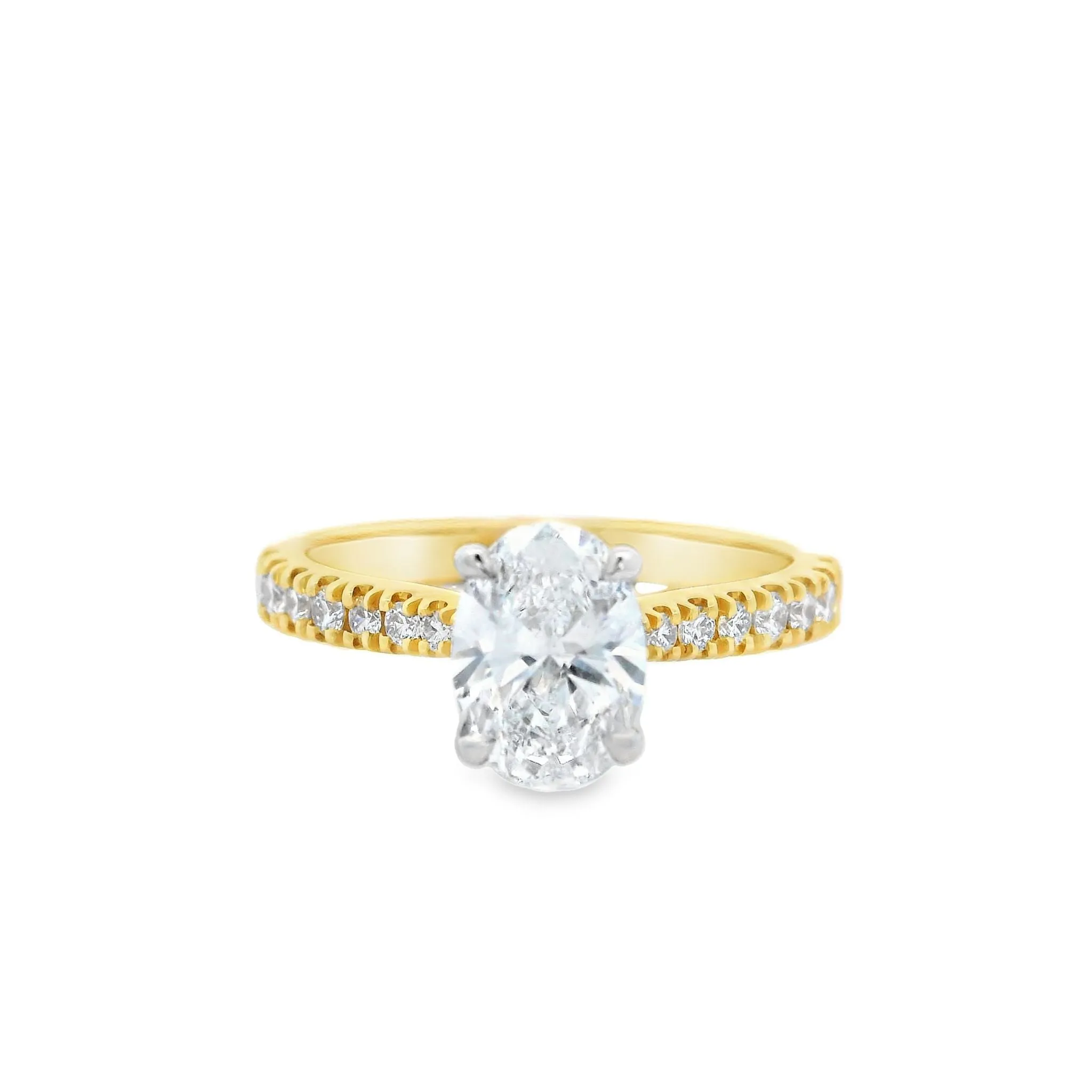 18ct Yellow & White Gold Oval Cut Lab Grown Diamond Engagement Ring with Shoulder Stones TDW= 1.39ct