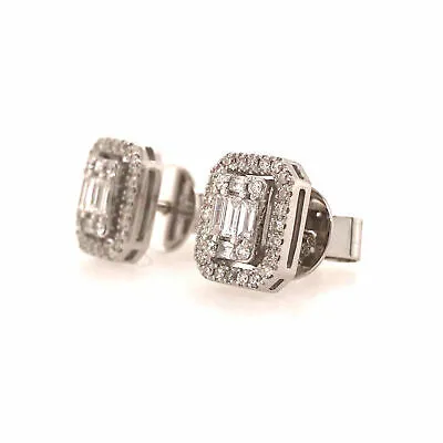 18K Round and Baguette Diamond Cluster Earrings White Gold