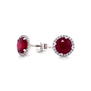 18K White Gold Diamond Halo   Ruby Stud Earrings
