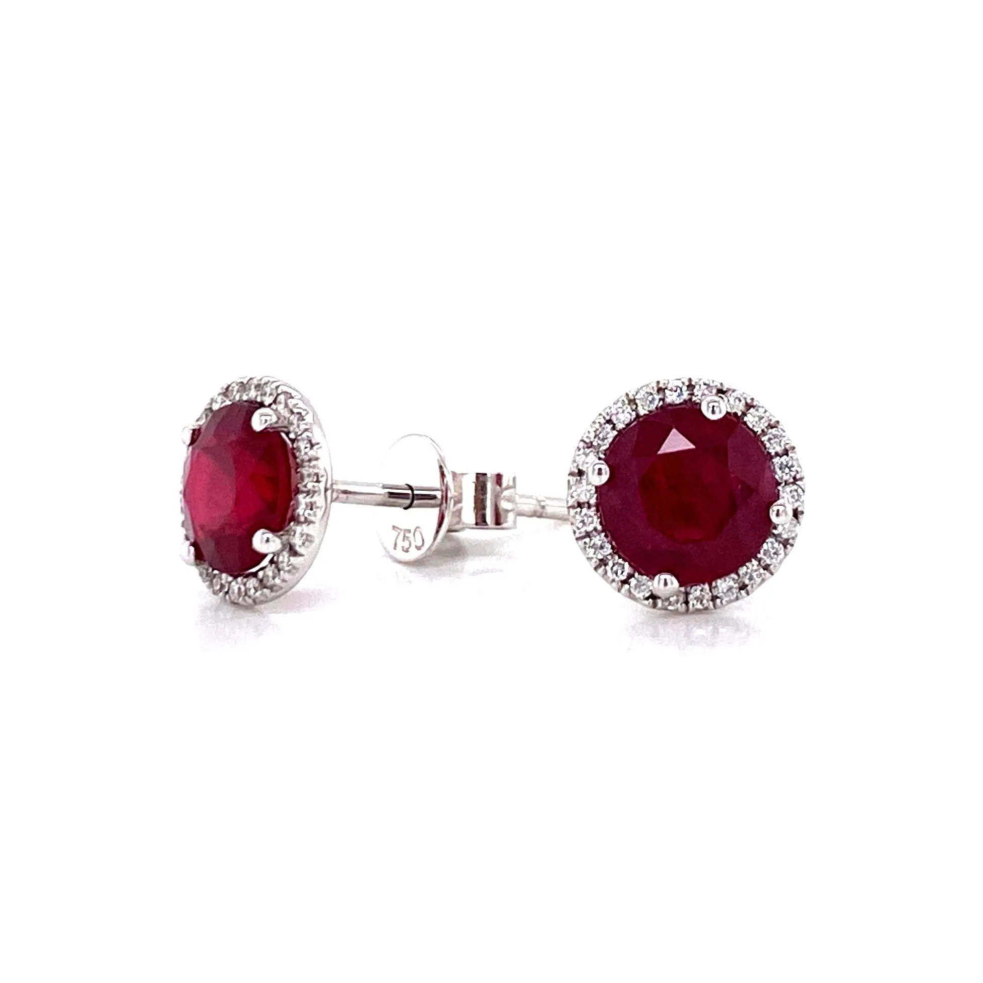 18K White Gold Diamond Halo   Ruby Stud Earrings