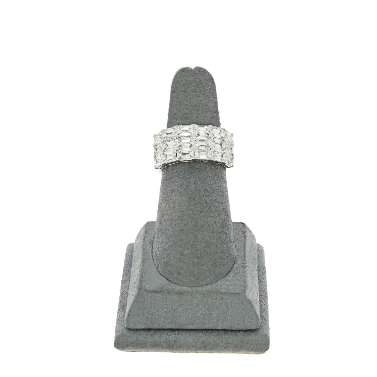 18K White Gold Three Rows Of Emerald Cut Diamond Ring