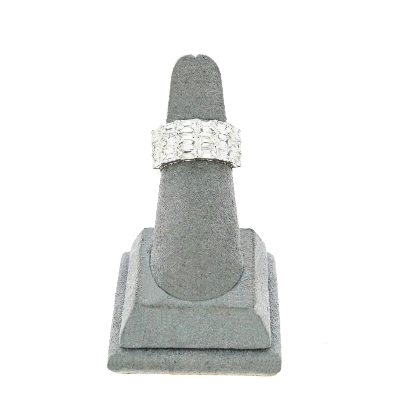 18K White Gold Three Rows Of Emerald Cut Diamond Ring