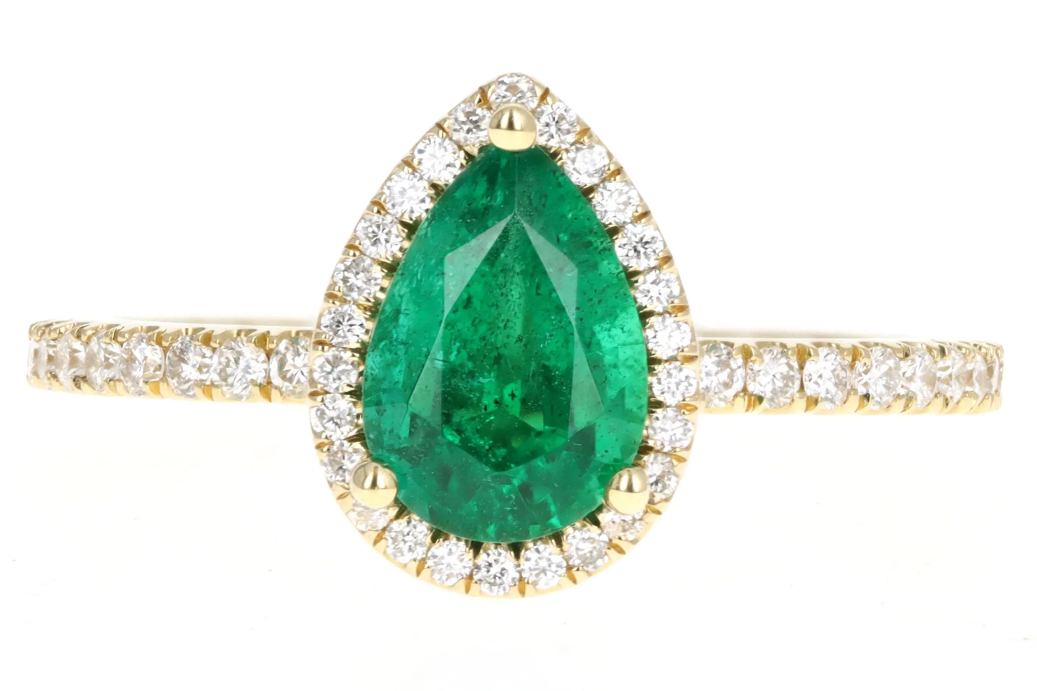 18K Yellow Gold 1.07 Carat Pear Cut Natural Emerald & Diamond Halo Ring