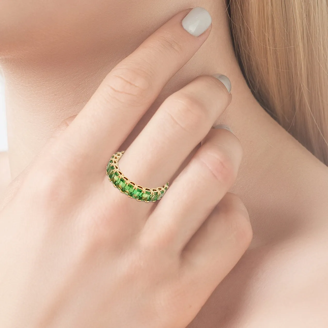18K Yellow Gold Emerald Cut Tsavorite Garnet Eternity Band (5.05ctw)