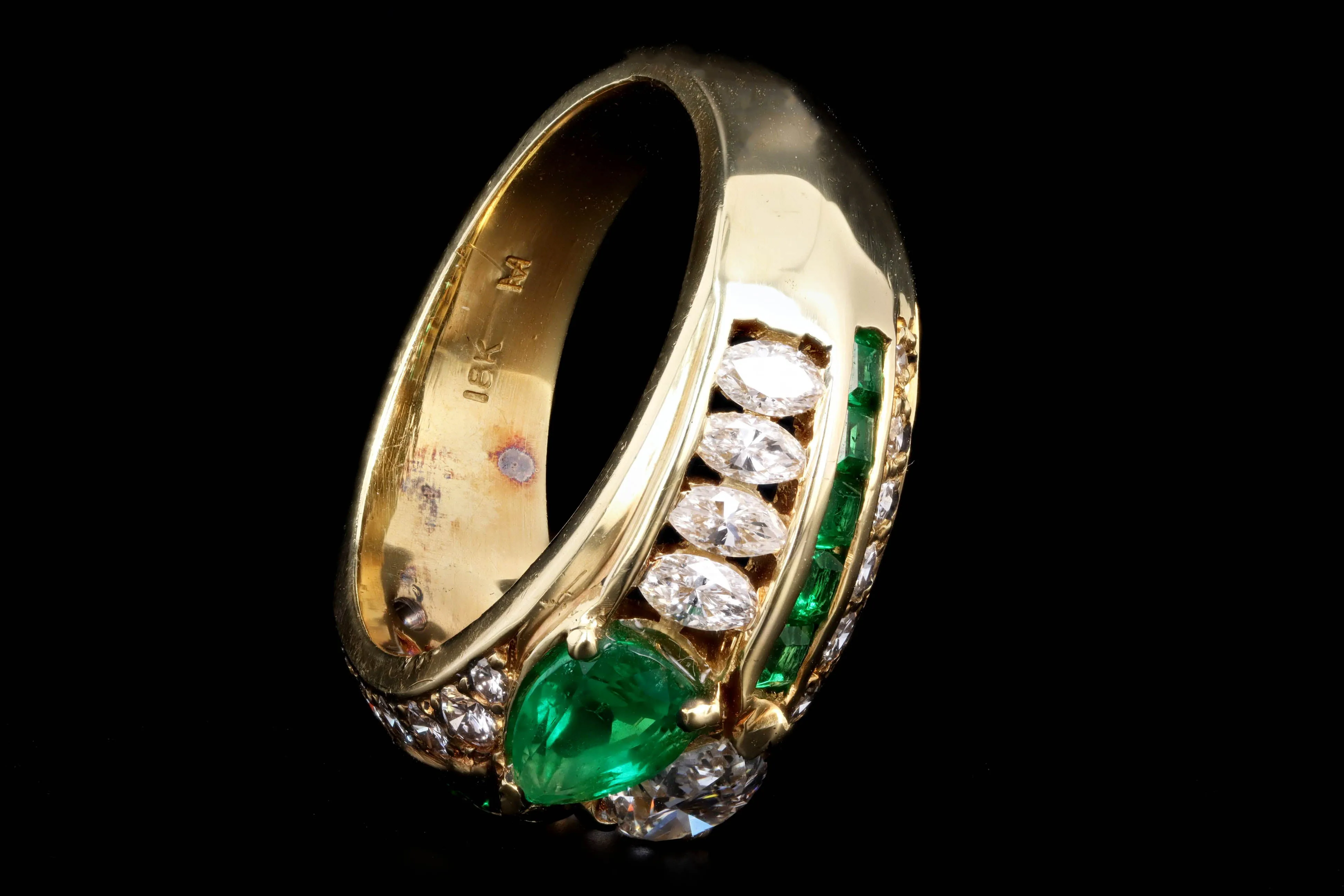 18K Yellow Gold Pear Cut Diamond & Emerald Mens Ring
