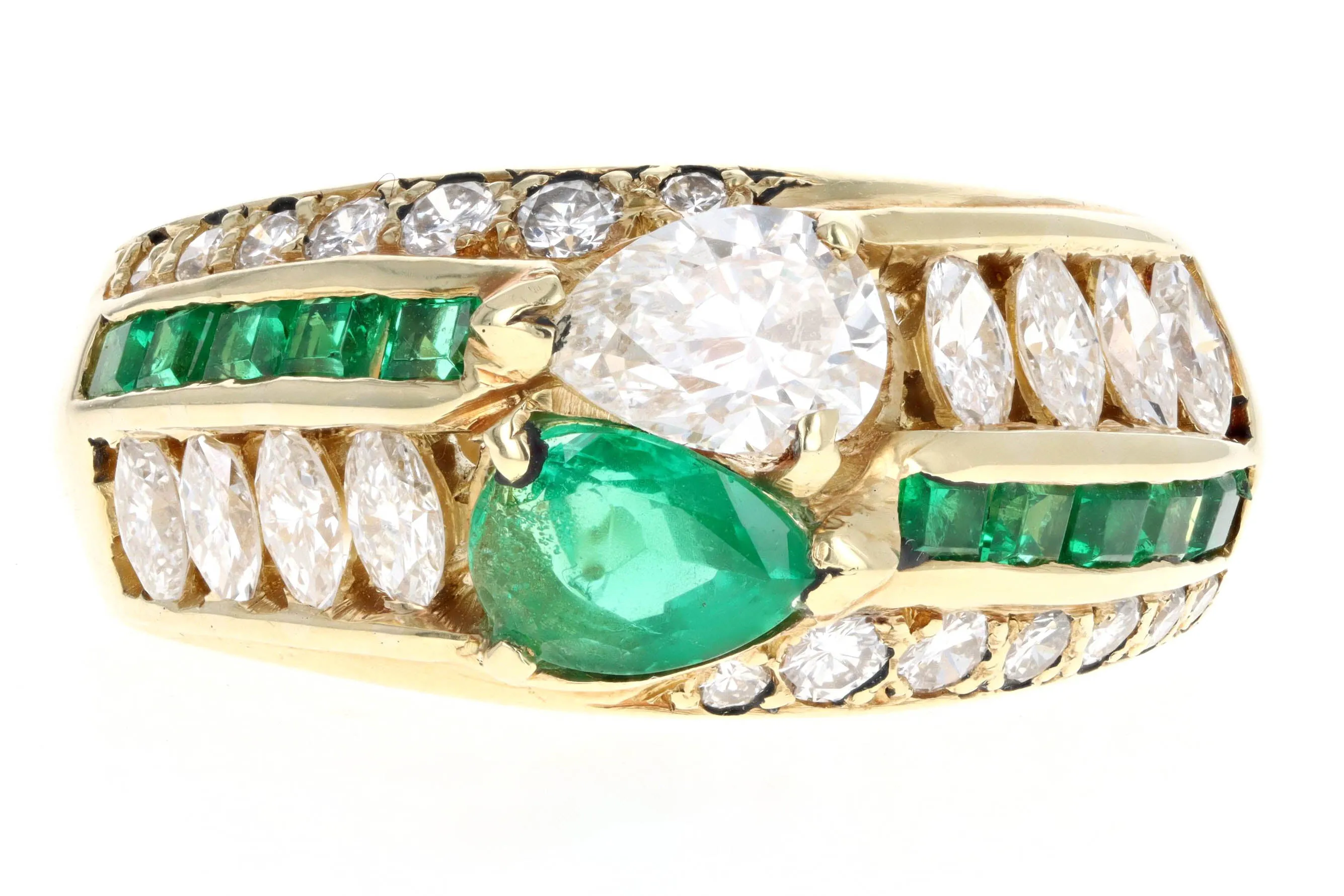 18K Yellow Gold Pear Cut Diamond & Emerald Mens Ring