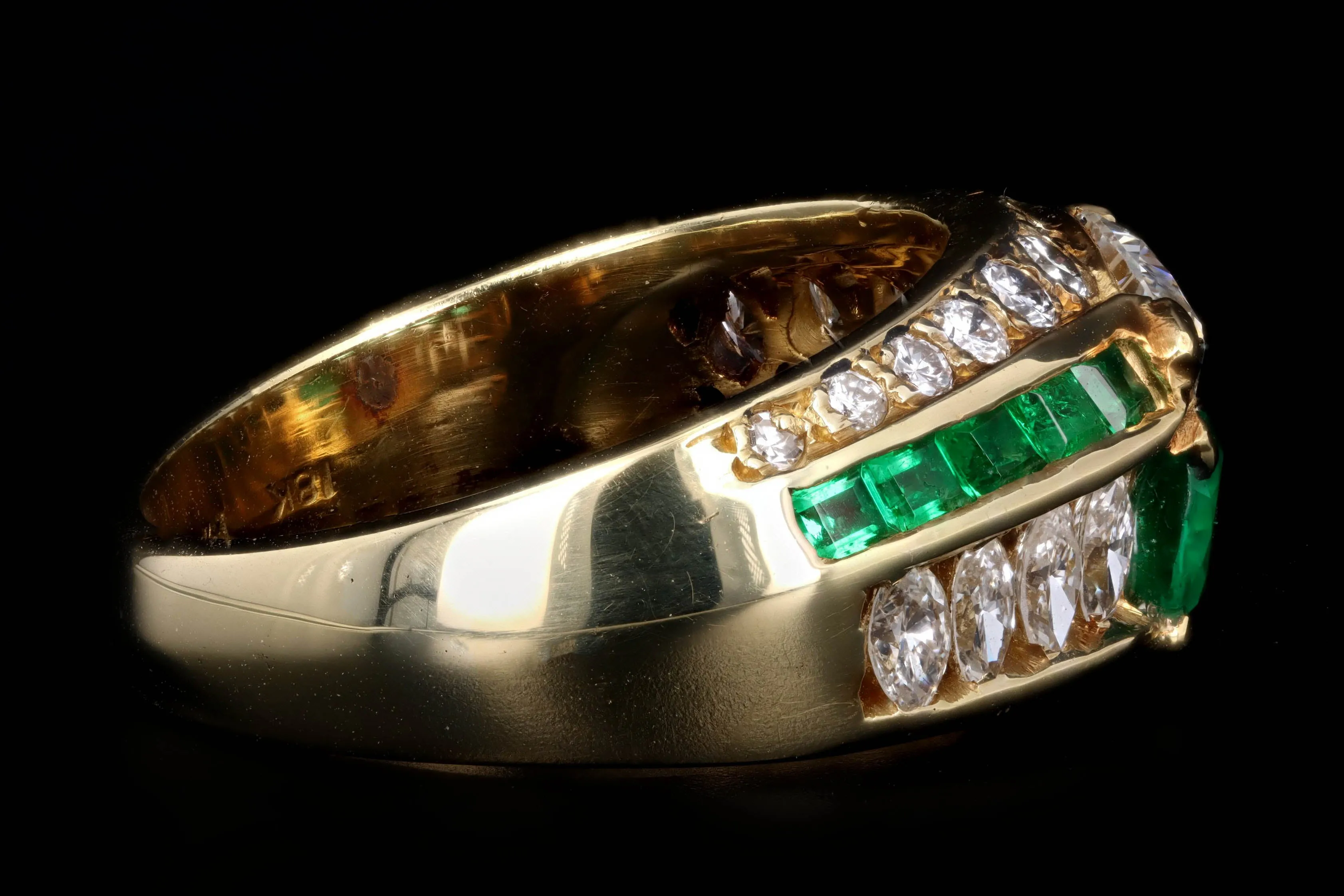 18K Yellow Gold Pear Cut Diamond & Emerald Mens Ring