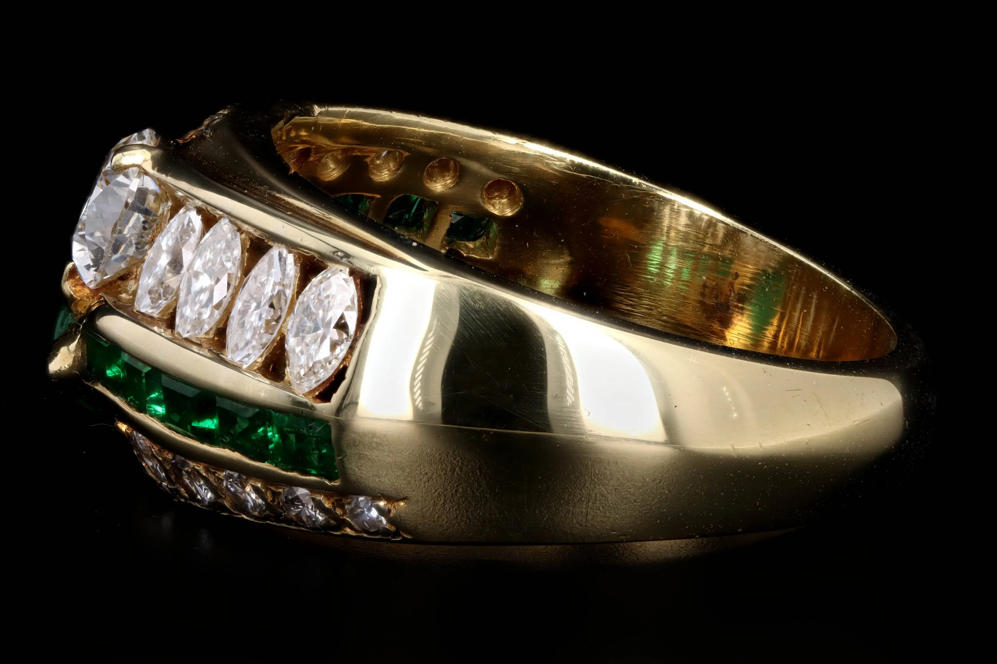 18K Yellow Gold Pear Cut Diamond & Emerald Mens Ring