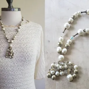 1960s Boho Necklace Cream Opalescent and Platinum Metallic Beads Faux Pearl Single Strand Fringed Bead Pendant / Seana