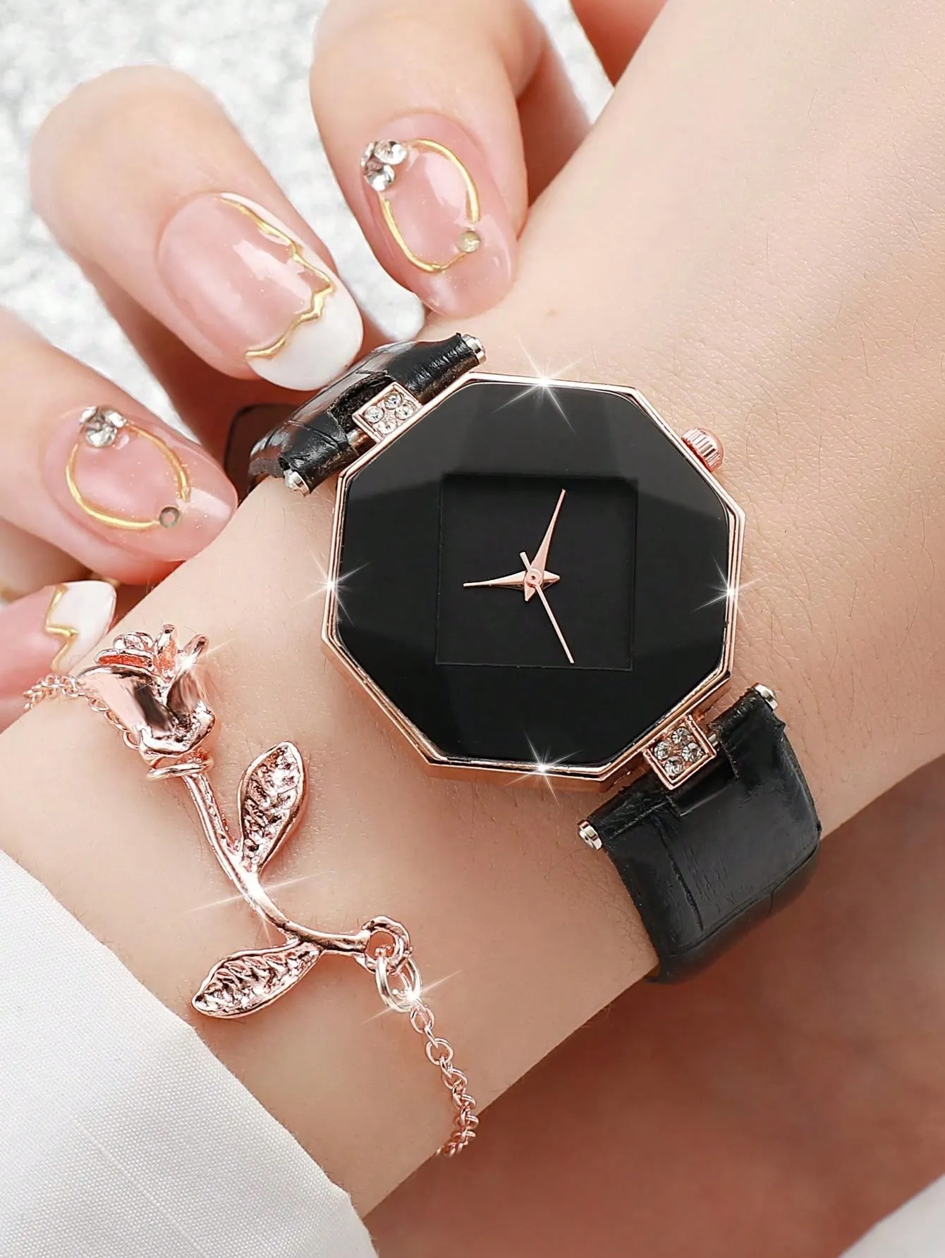 1pc Black Crocodile Embossed Rhinestone Decor PU Polyurethane Strap Fashion Geometric Dial Quartz Watch & 1pc Bracelet, For Daily Life