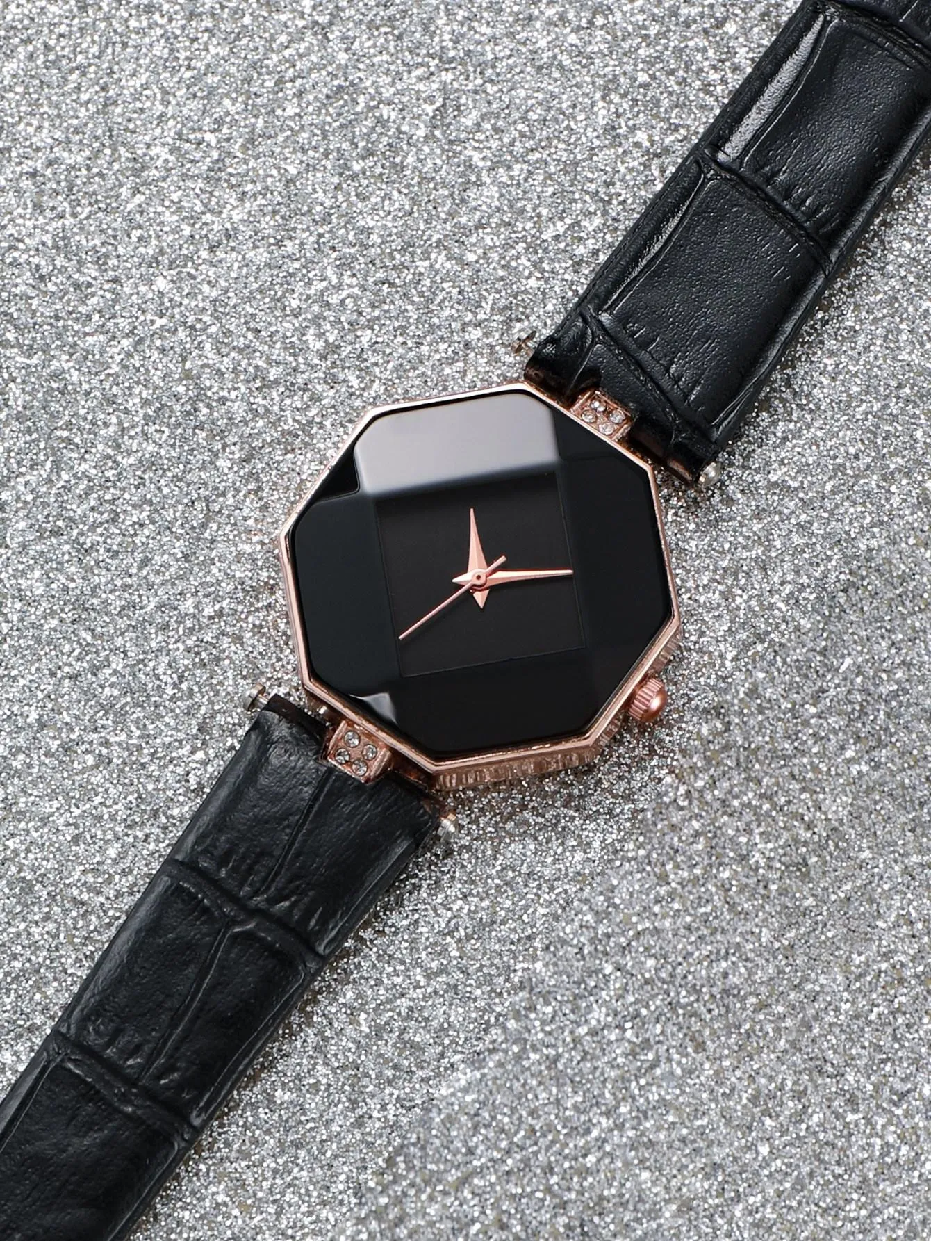 1pc Black Crocodile Embossed Rhinestone Decor PU Polyurethane Strap Fashion Geometric Dial Quartz Watch & 1pc Bracelet, For Daily Life