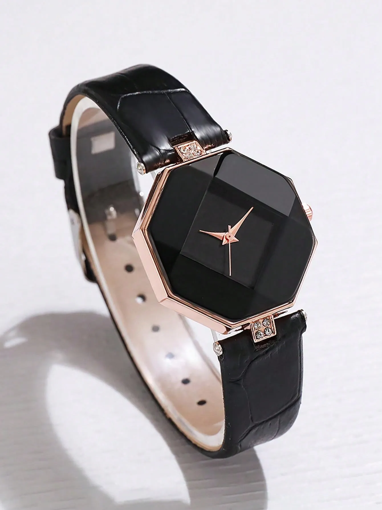 1pc Black Crocodile Embossed Rhinestone Decor PU Polyurethane Strap Fashion Geometric Dial Quartz Watch & 1pc Bracelet, For Daily Life