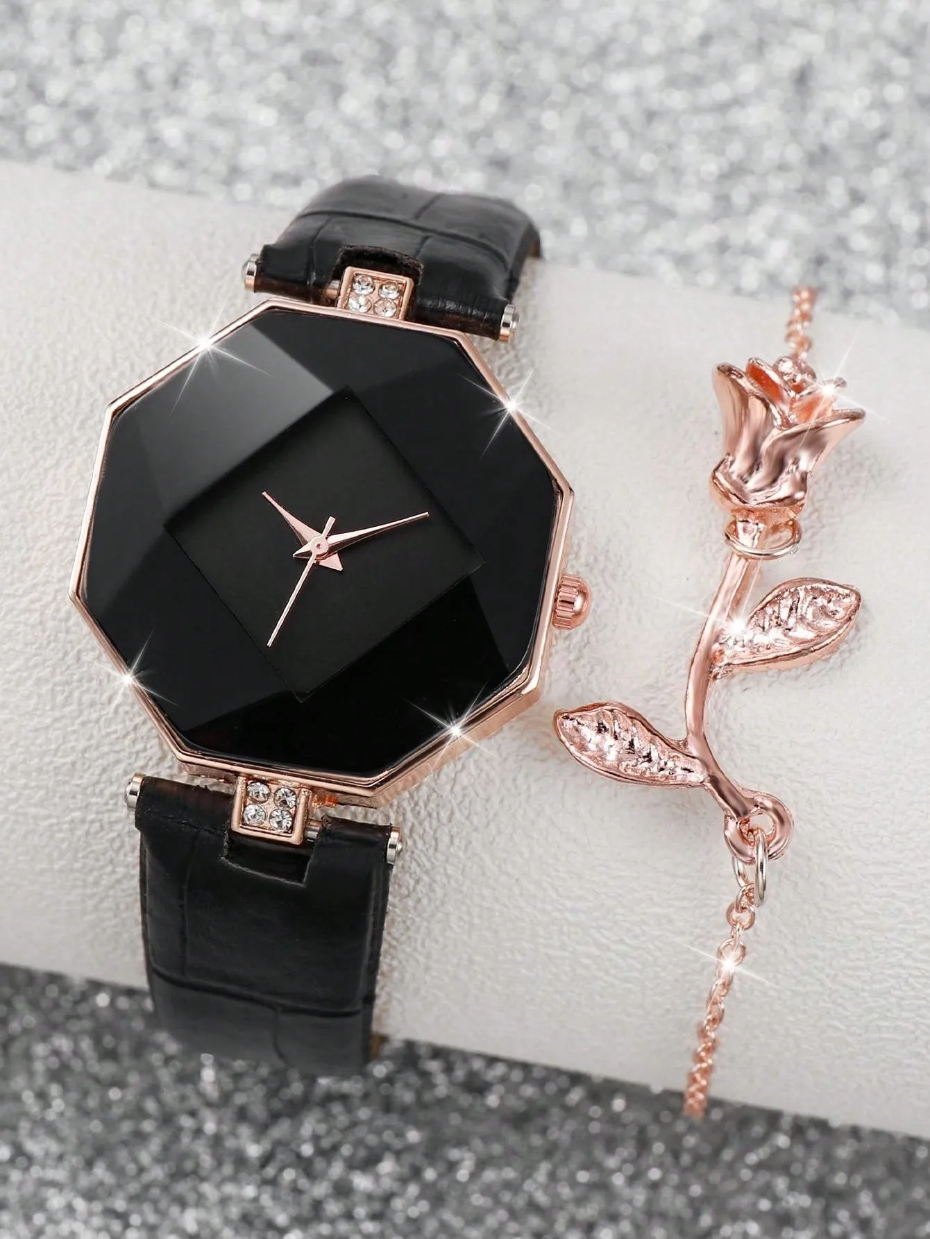1pc Black Crocodile Embossed Rhinestone Decor PU Polyurethane Strap Fashion Geometric Dial Quartz Watch & 1pc Bracelet, For Daily Life