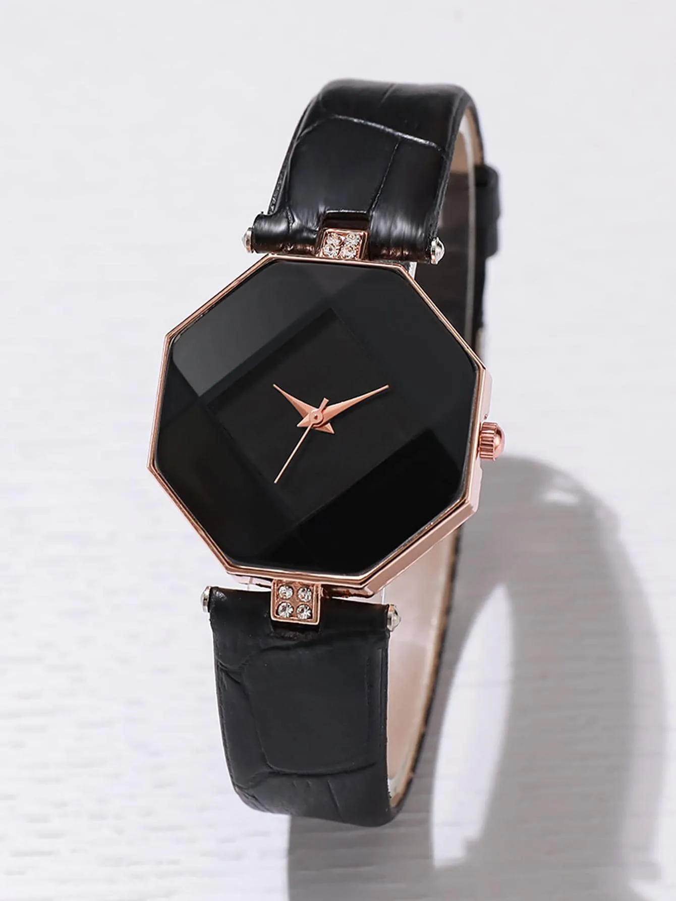 1pc Black Crocodile Embossed Rhinestone Decor PU Polyurethane Strap Fashion Geometric Dial Quartz Watch & 1pc Bracelet, For Daily Life