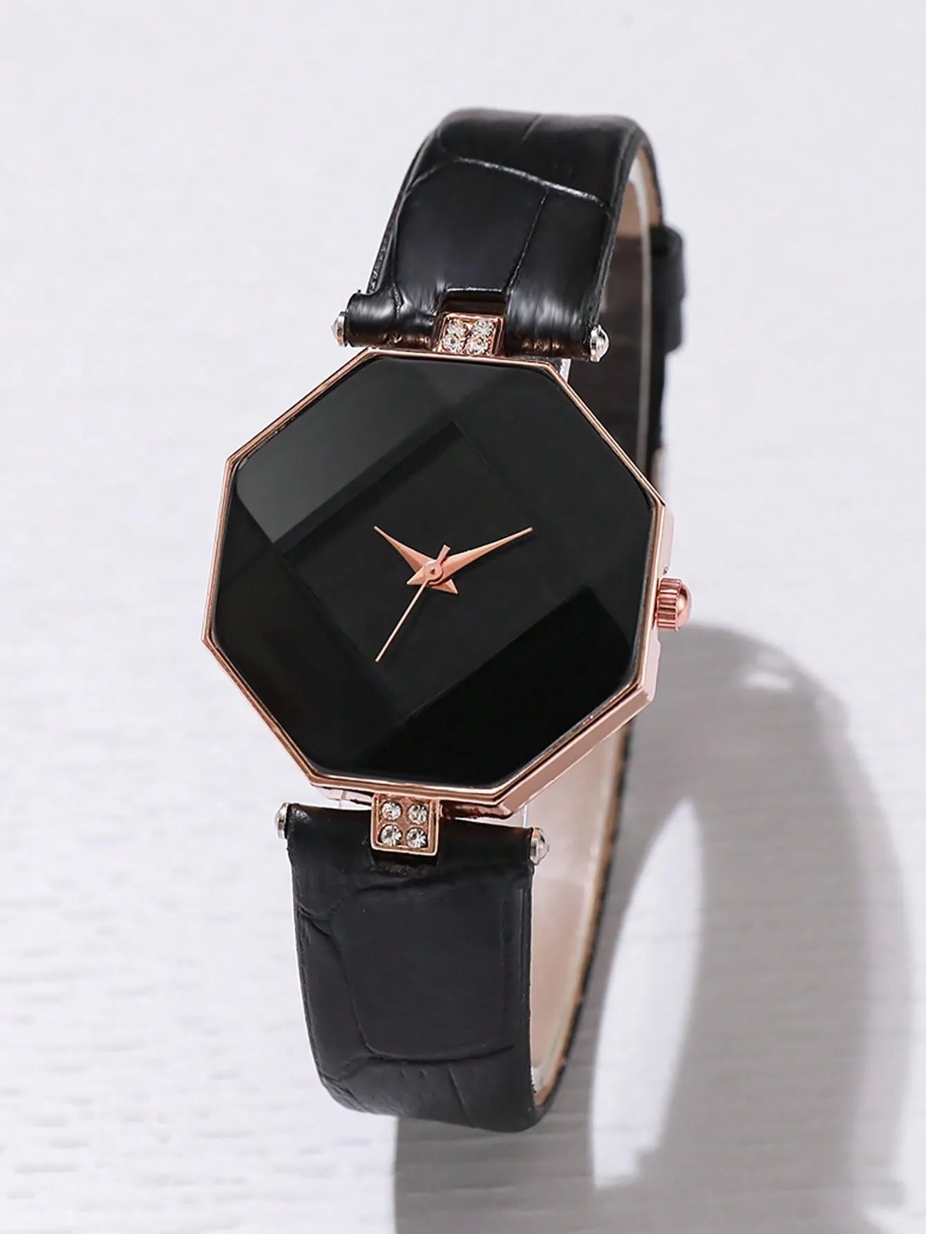 1pc Black Crocodile Embossed Rhinestone Decor PU Polyurethane Strap Fashion Geometric Dial Quartz Watch & 1pc Bracelet, For Daily Life