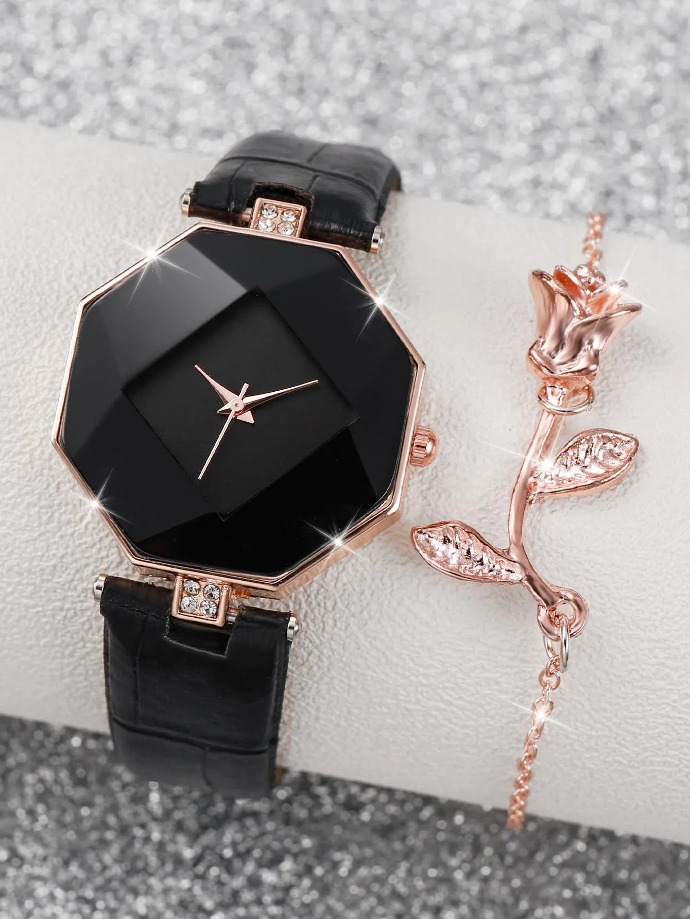 1pc Black Crocodile Embossed Rhinestone Decor PU Polyurethane Strap Fashion Geometric Dial Quartz Watch & 1pc Bracelet, For Daily Life