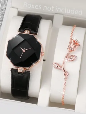 1pc Black Crocodile Embossed Rhinestone Decor PU Polyurethane Strap Fashion Geometric Dial Quartz Watch & 1pc Bracelet, For Daily Life