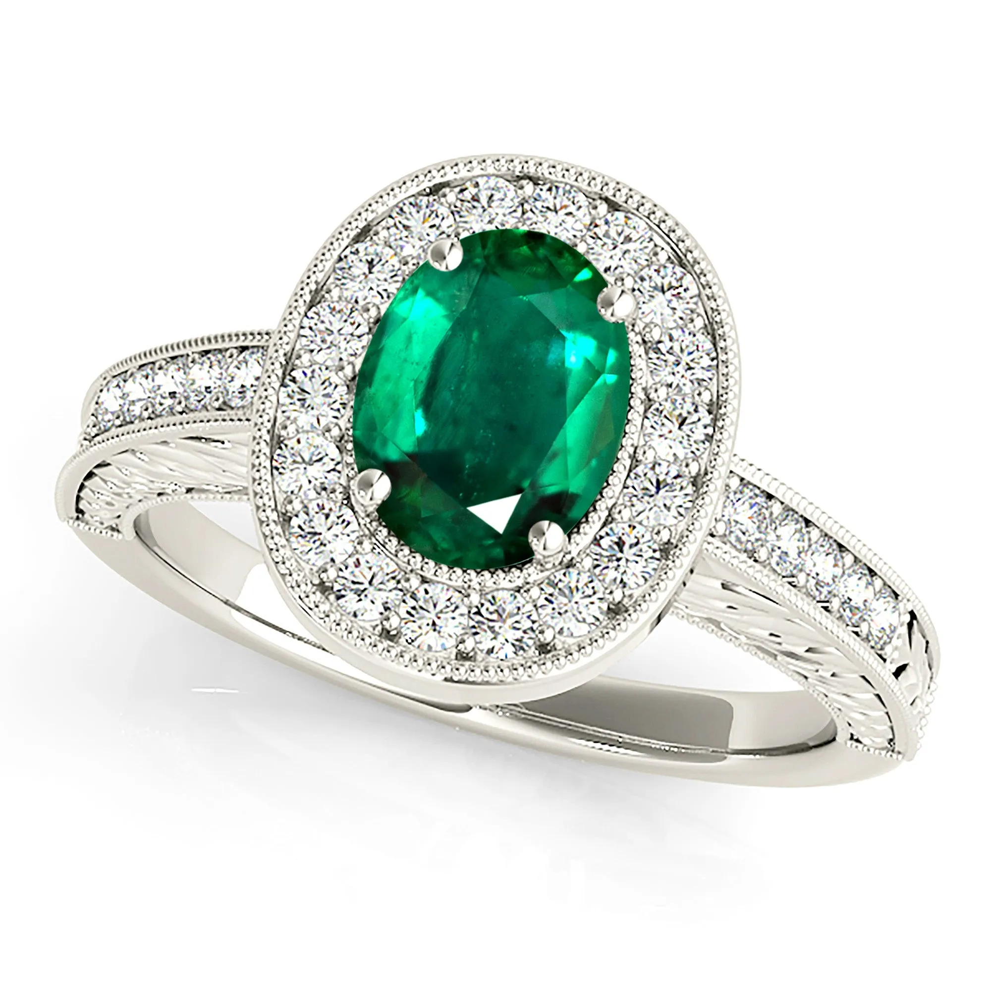 2.00 ct. Genuine Oval Emerald Ring With Halo,Milgrain And Filigree Diamond Band