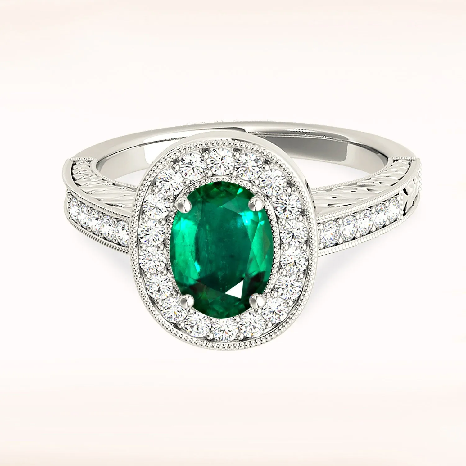 2.00 ct. Genuine Oval Emerald Ring With Halo,Milgrain And Filigree Diamond Band