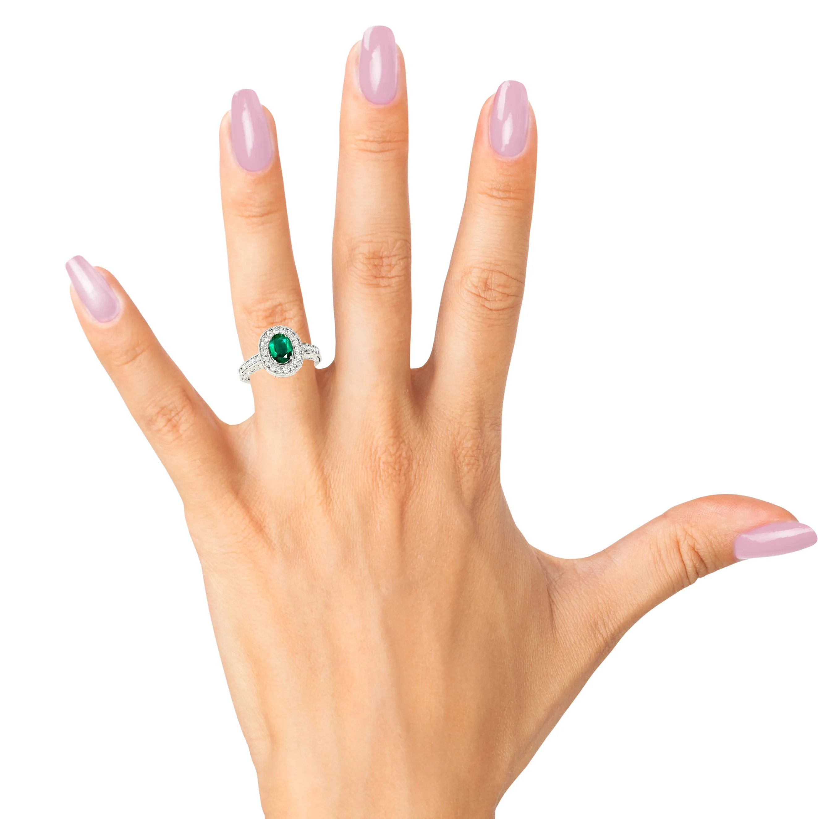 2.00 ct. Genuine Oval Emerald Ring With Halo,Milgrain And Filigree Diamond Band