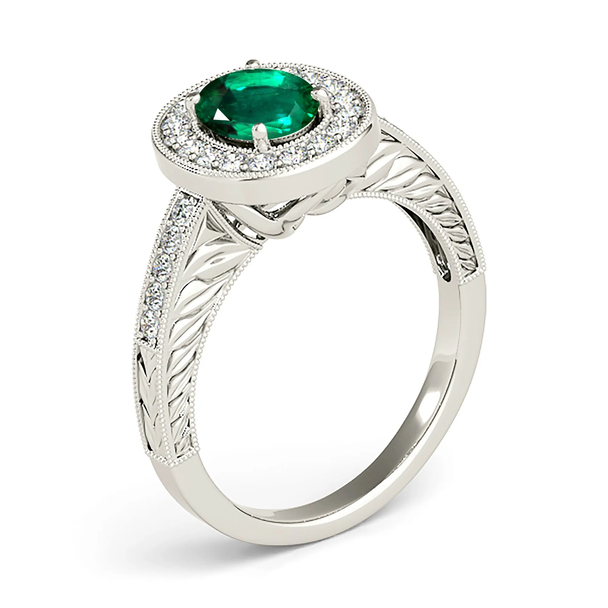 2.00 ct. Genuine Oval Emerald Ring With Halo,Milgrain And Filigree Diamond Band