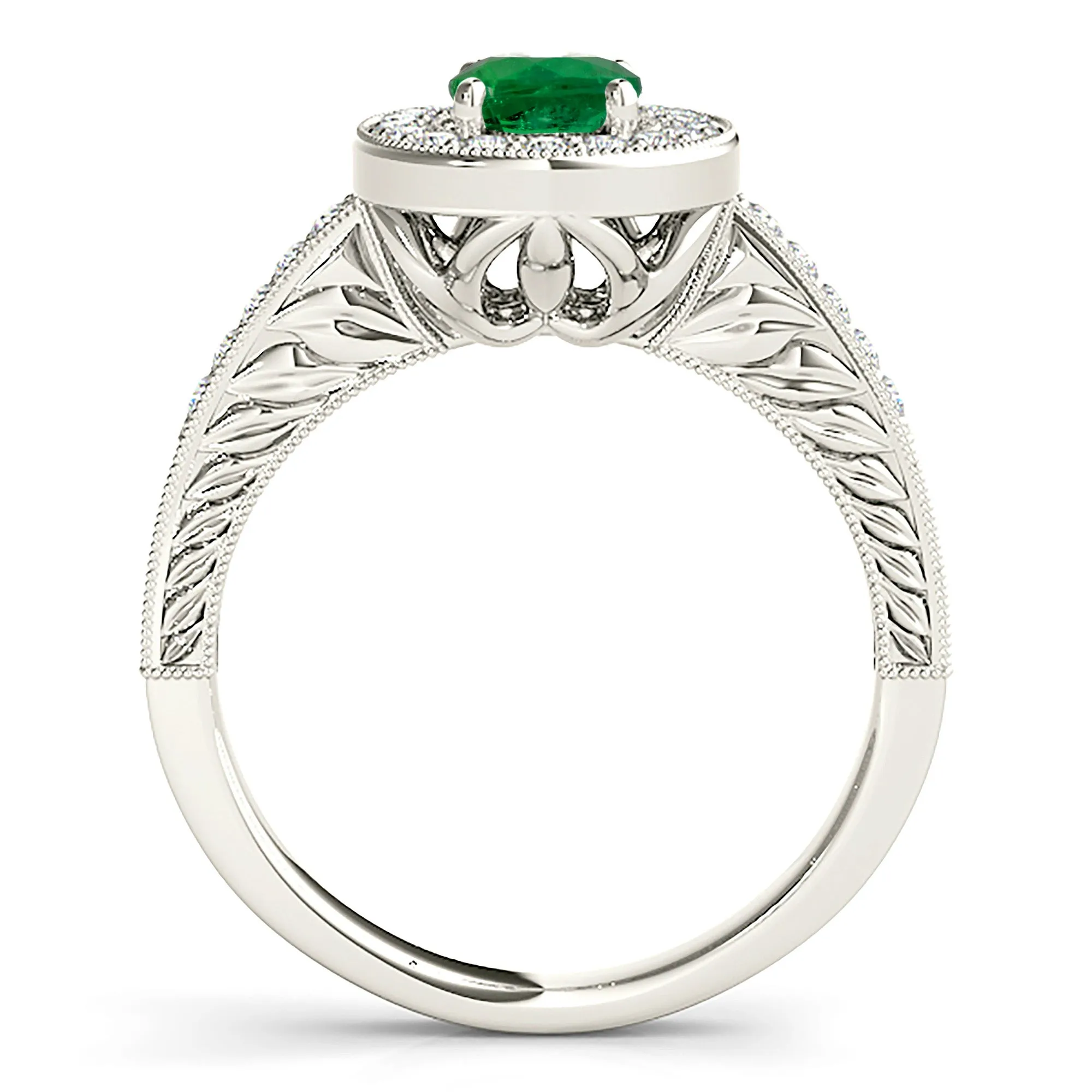 2.00 ct. Genuine Oval Emerald Ring With Halo,Milgrain And Filigree Diamond Band