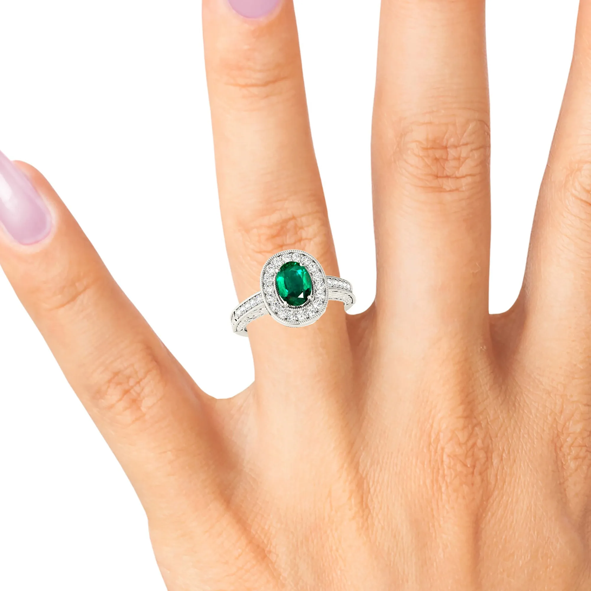 2.00 ct. Genuine Oval Emerald Ring With Halo,Milgrain And Filigree Diamond Band