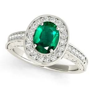 2.00 ct. Genuine Oval Emerald Ring With Halo,Milgrain And Filigree Diamond Band