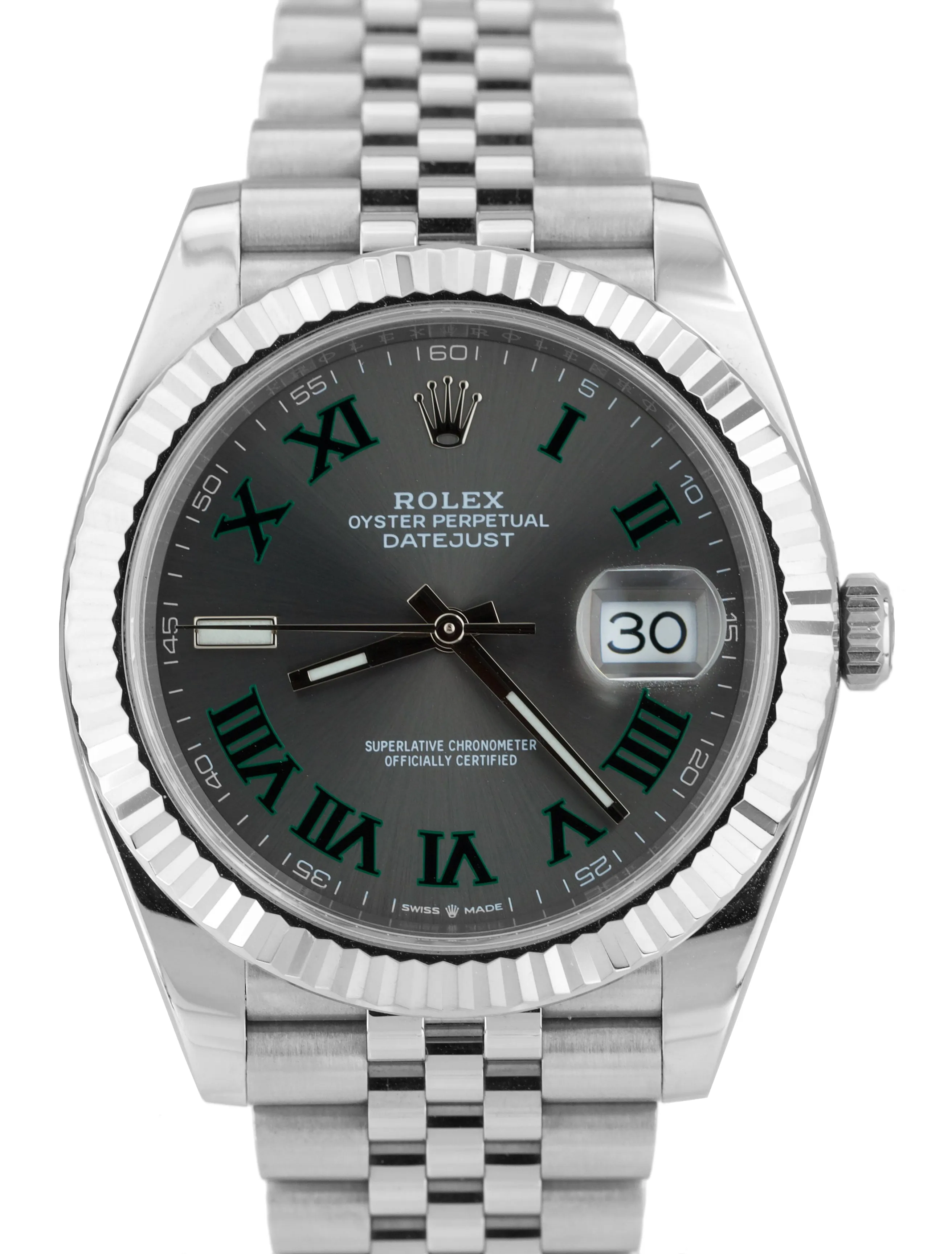2018 Rolex DateJust 41 Wimbledon Grey 41mm Fluted Stainless Jubilee Watch 126334