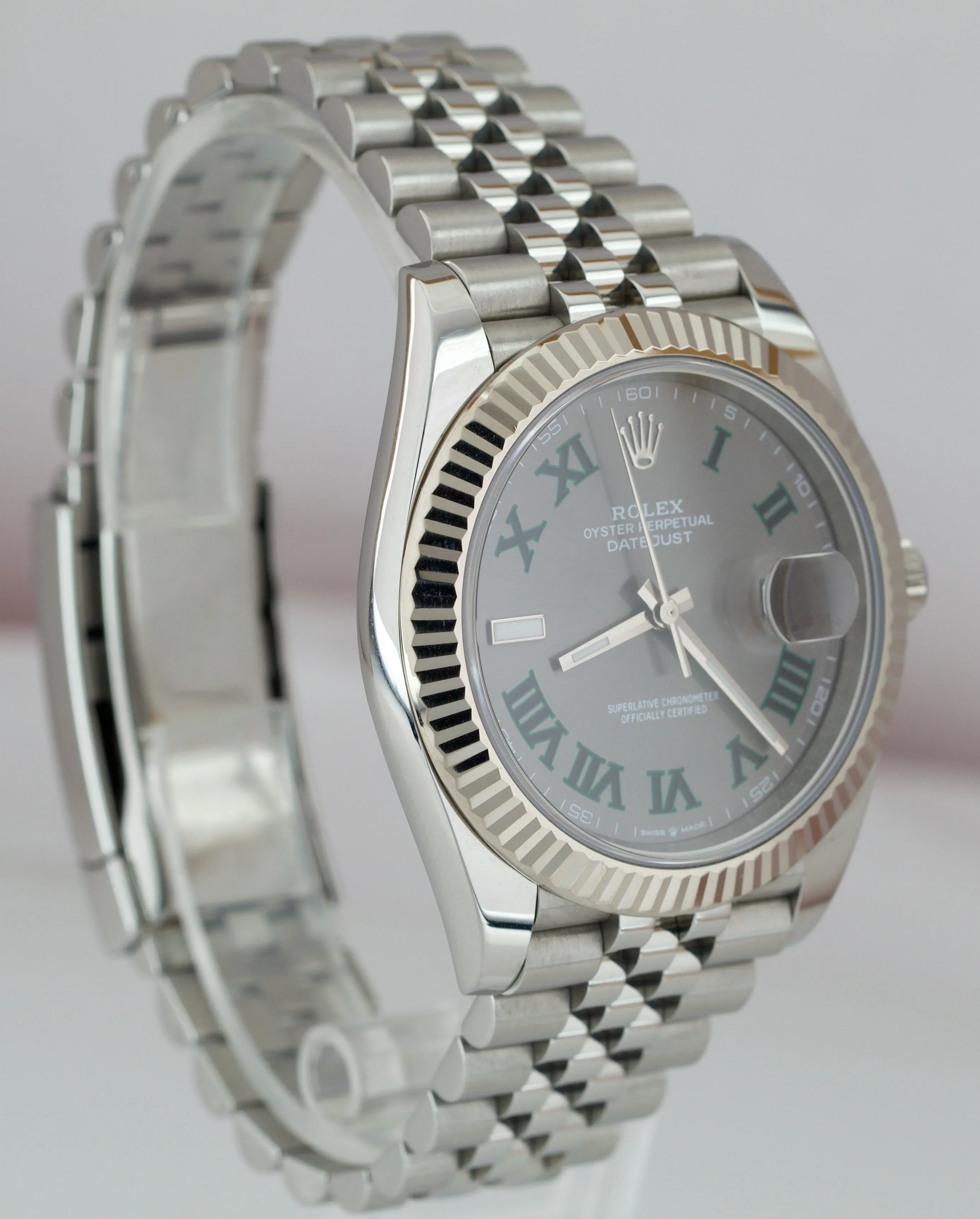 2018 Rolex DateJust 41 Wimbledon Grey 41mm Fluted Stainless Jubilee Watch 126334