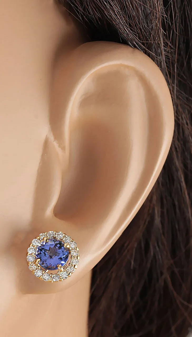 2.65 Carat Natural Tanzanite 14K Yellow Gold Diamond Earrings