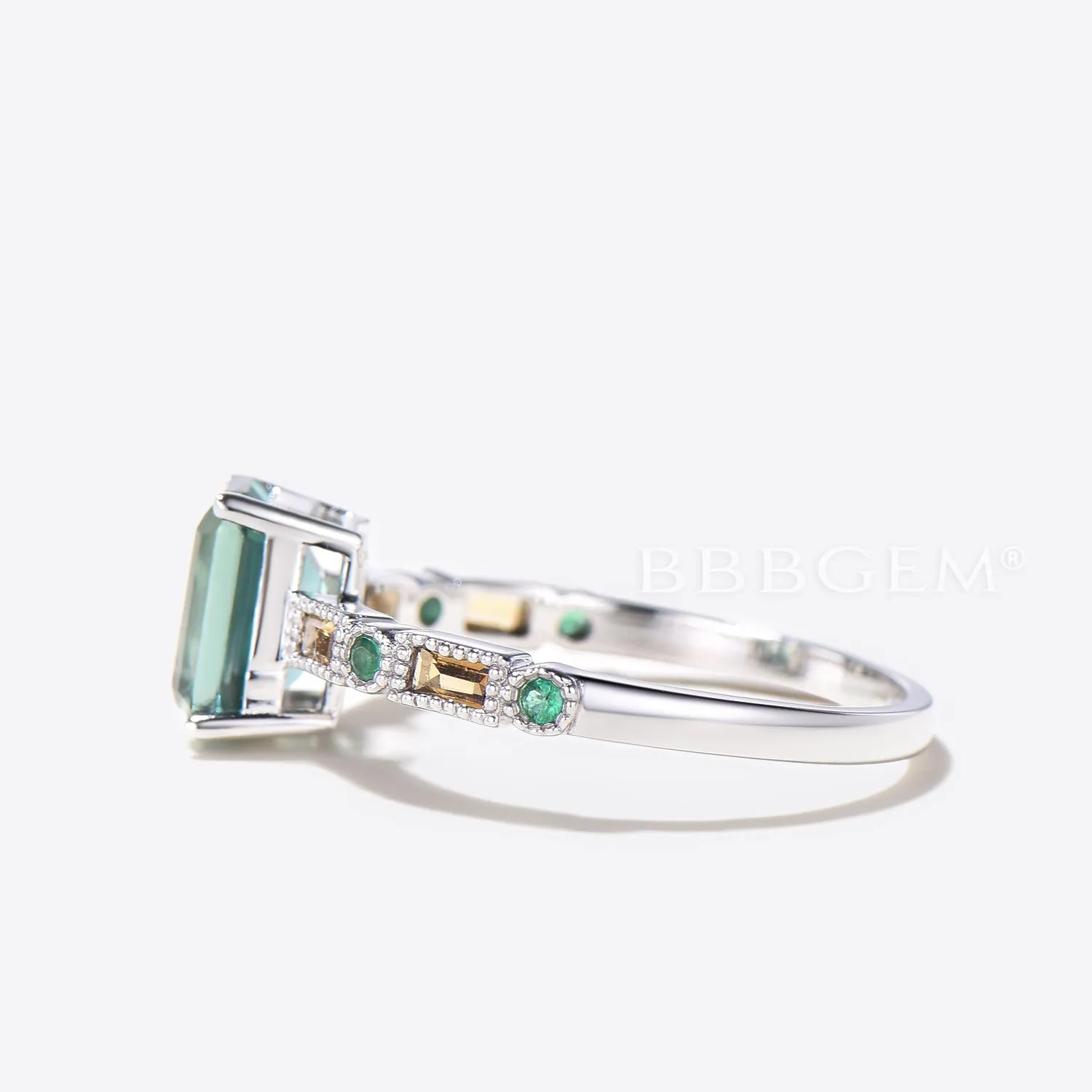 2ct Emerald Cut Green Sapphire Wedding Ring Emerald Citrine Half Eternity Ring