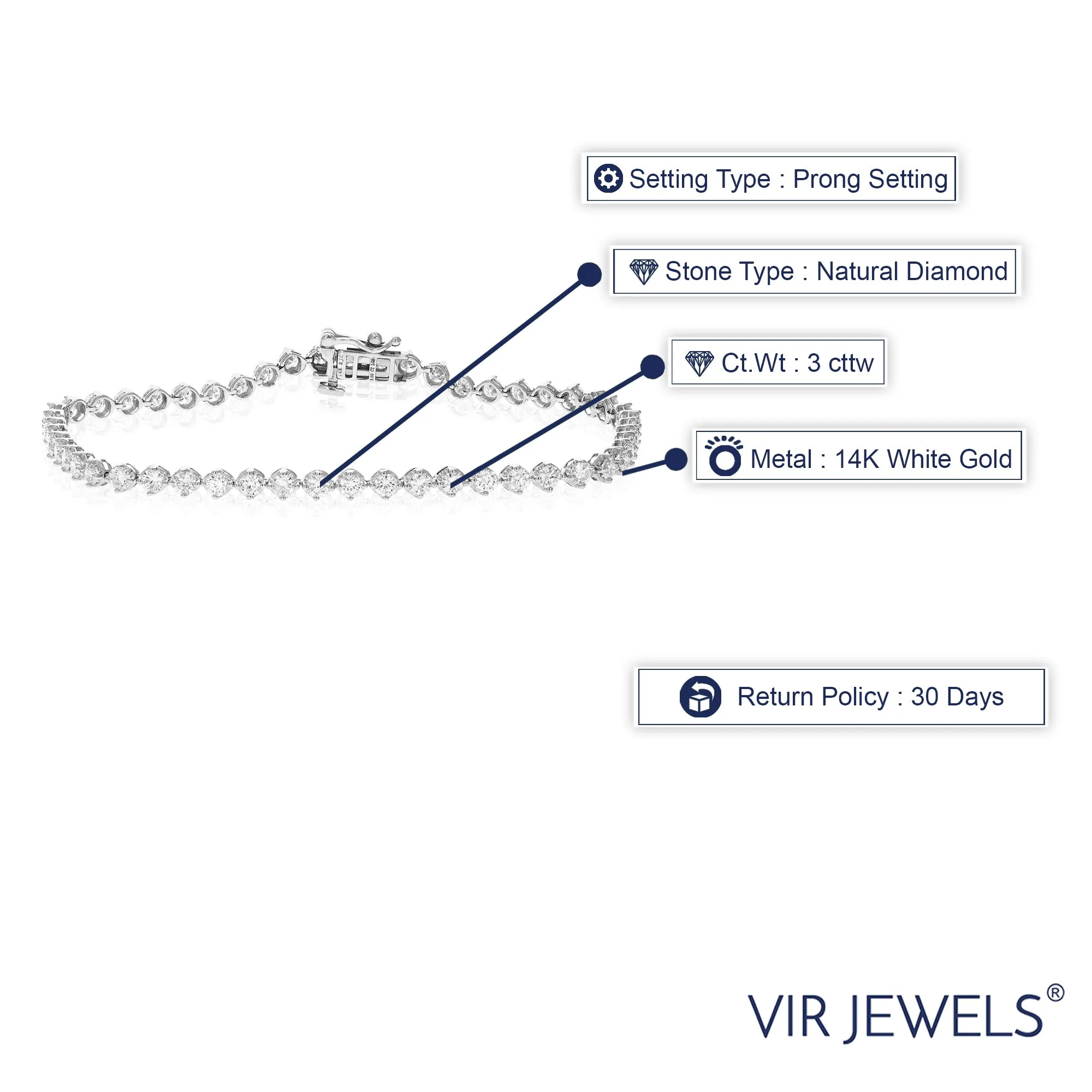 3 cttw Diamond Tennis Bracelets Prong set in 14K White Gold