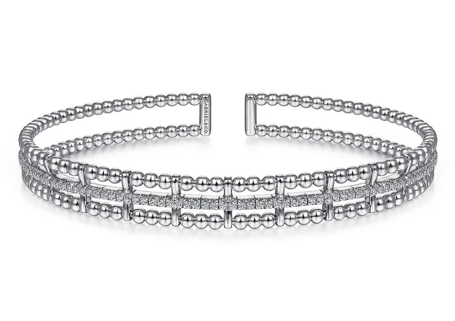 3-Row Beaded Cuff Bracelet With Diamond Pave