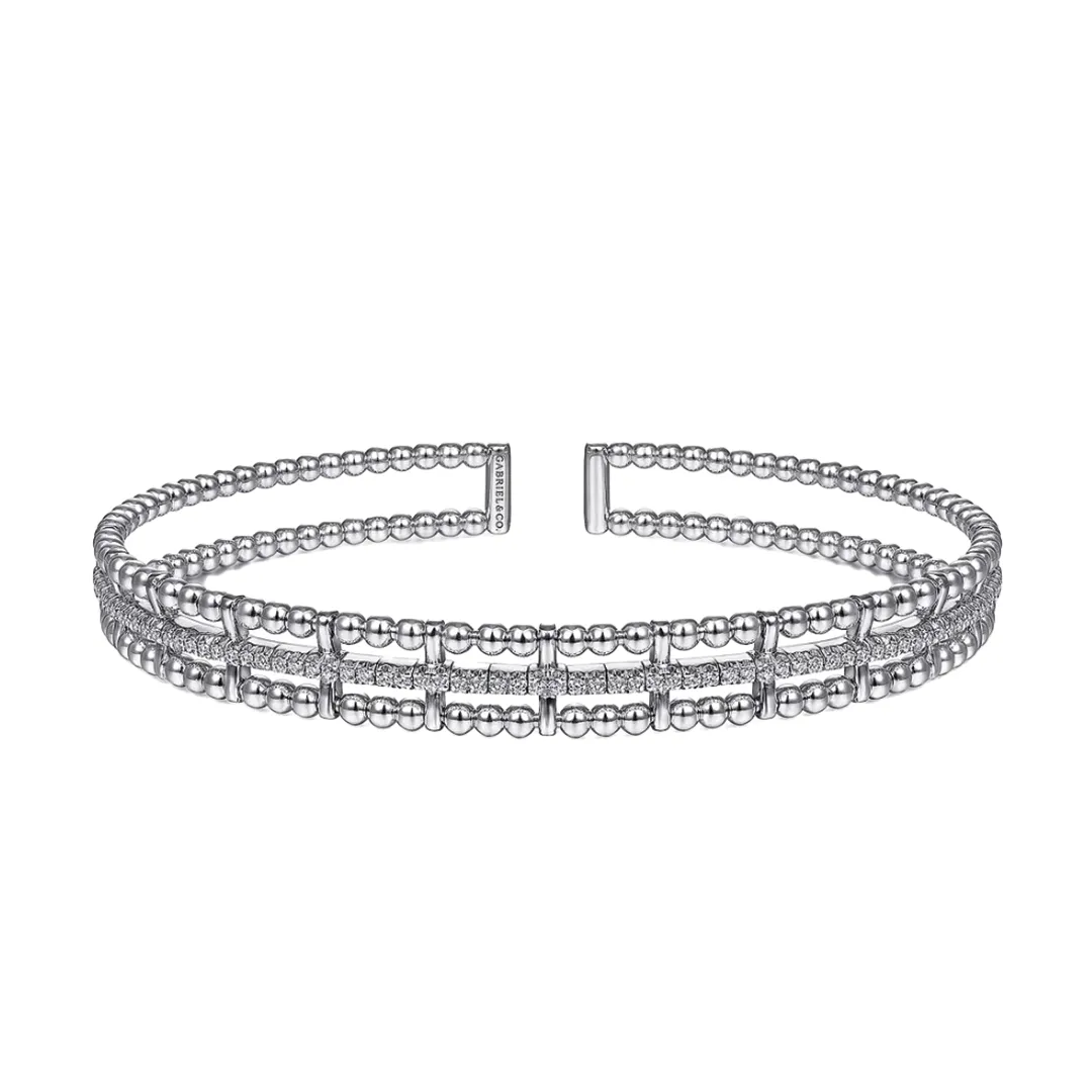 3-Row Beaded Cuff Bracelet With Diamond Pave