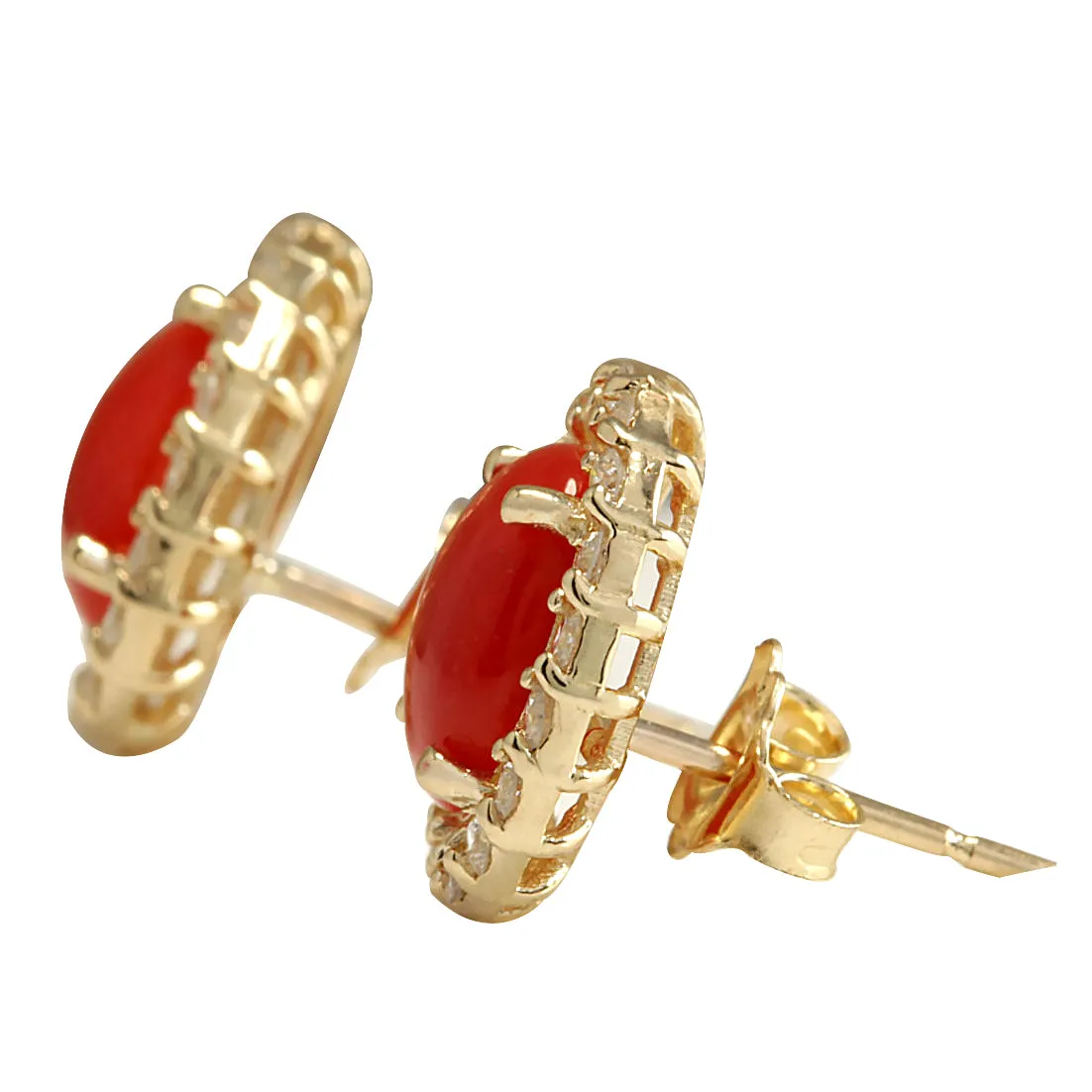 3.10 Carat Natural Coral 14K Yellow Gold Diamond Earrings