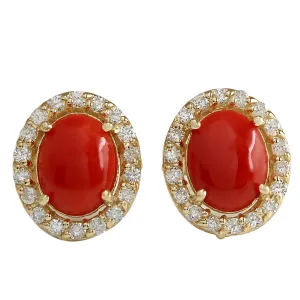 3.10 Carat Natural Coral 14K Yellow Gold Diamond Earrings