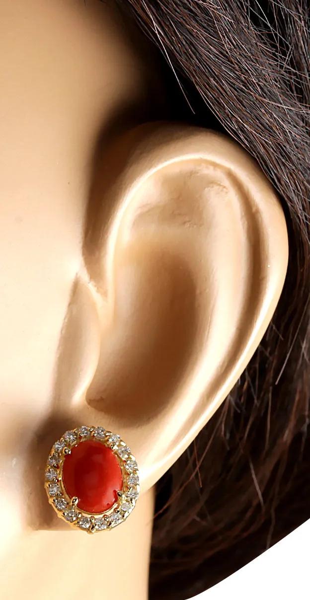3.10 Carat Natural Coral 14K Yellow Gold Diamond Earrings